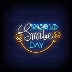 world smile day neon sign vector with brick wall background 