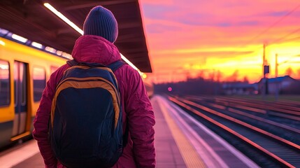 Traveler waiting at train station during sunset with vibrant sky, showcasing anticipation and adventure in travel