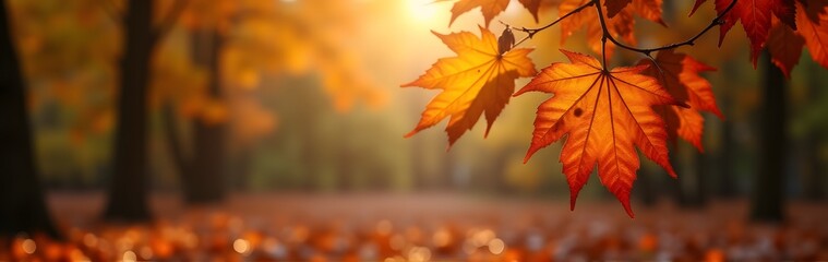 Obraz premium Close-up of orange maple leaves glowing in autumn sunlight with a forest backdrop