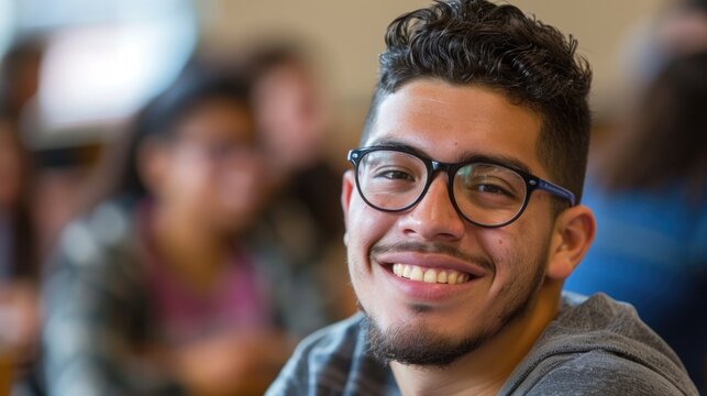 Young Latino man attending class with a happy and motivated expression. Academic environment with a young Latino man. Education and learning concept.