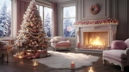 Living room decoration with Christmas tree and fireplace with pink theme. Seamless 4K looping timelapse video animation background