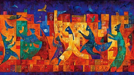 Abstract Painting with Figures and Birds