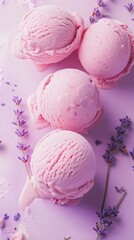 Pink Ice Cream Scoops and Lavender Blossoms on Purple Background
