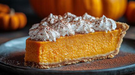 Close-up of a slice of pumpkin pie with whipped cream and cocoa powder.