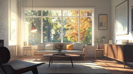 Fototapeta premium Modern Living Room with Vintage Charm, Featuring Retro Sofa, Sleek Coffee Table, and Classic Lighting for an Airy and Inviting Space