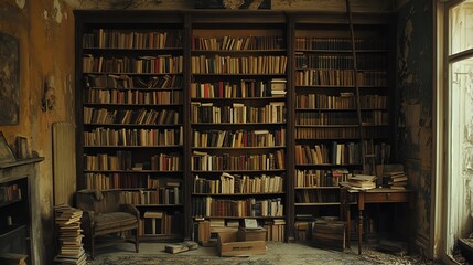 Obraz premium An Abandoned Room Filled with Bookshelves, Books, and Dust