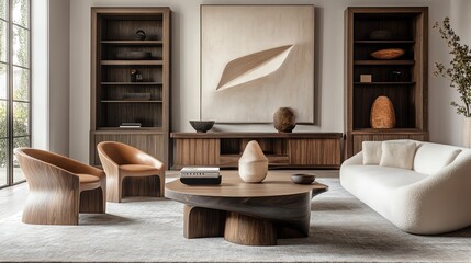 Modern Living Room with Wooden Furniture and a Large Abstract Painting