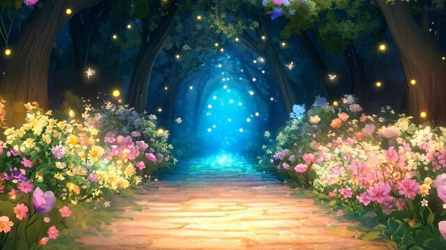 Magical Forest Path Through a Sunlit, Misty Tunnel of Trees and Flowers in a Dreamy Fantasy Landscape