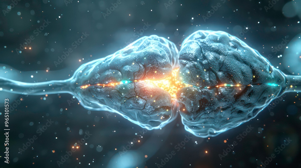 Wall mural abstract glowing brain cells connected by a thin line with a bright spark in the middle.