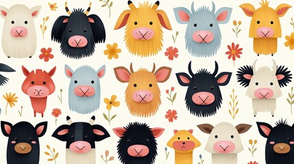 A Colorful Collection of Cute Animal Faces with Floral Accents