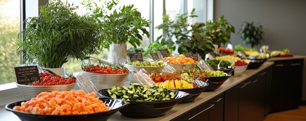 Business executives promoting healthy diet choices with a focus on balanced plant-based meals, featuring modern office decor and informative nutrition displays
