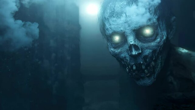 Eerie, glowing-eyed zombie in dark, misty environment, horror themes, Halloween.
