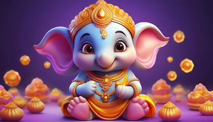 A colorful, cartoonish elephant with large ears, wearing traditional attire, surrounded by sweets, embodies joy and festive spirit.
