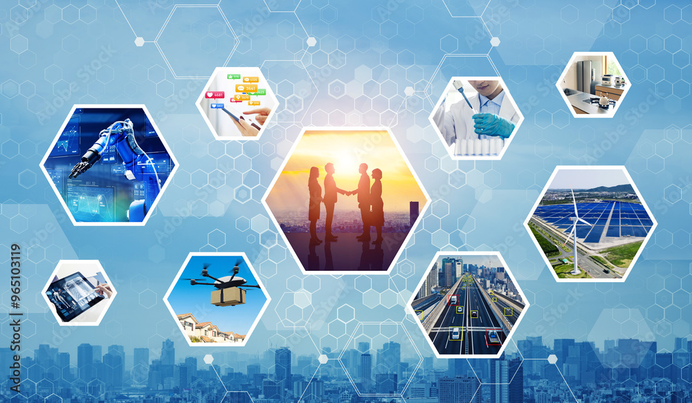 Poster concept of a network of various technologies related to society. wide angle visual for banners or ad