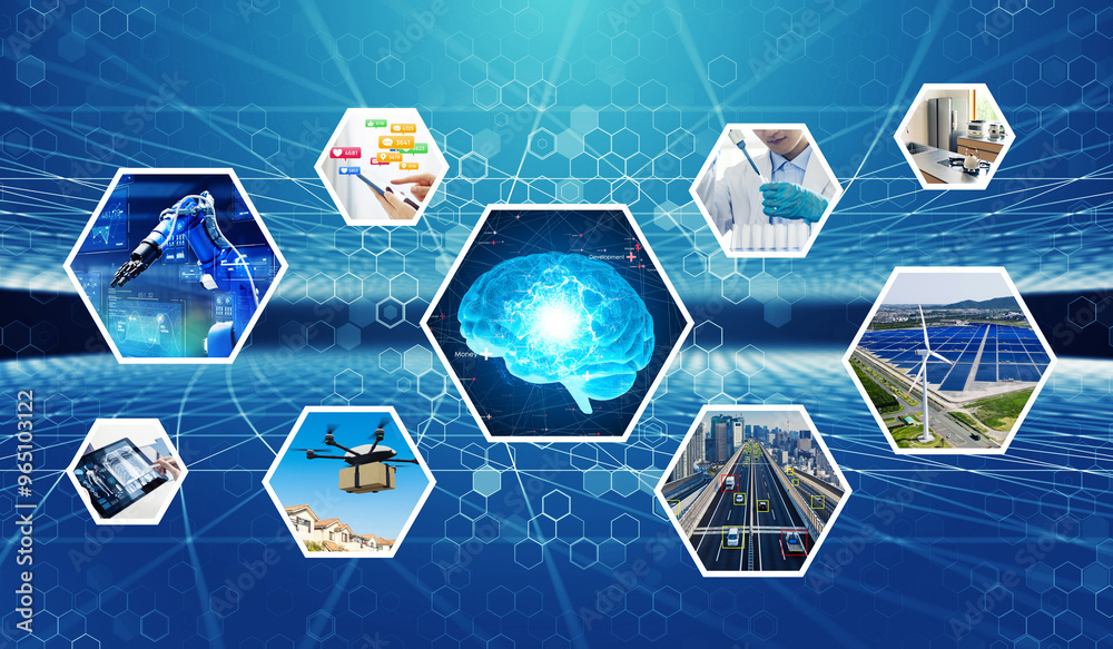 Poster Concept of network of various technologies and AI(artificial intelligence). Wide angle visual for banners or advertisements.