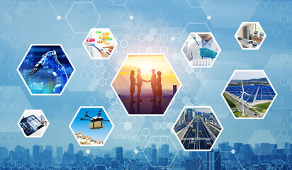 Concept of a network of various technologies related to society. Wide angle visual for banners or...
