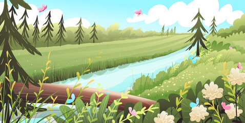 Forest landscape with trees river and meadow, river crossing with a wooden log. Wild nature landscape background in spring or summertime. Vector cartoon woodland scenery wallpaper for kids.