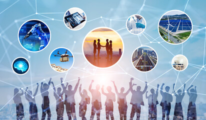 Concept of a network of various technologies related to society. Wide angle visual for banners or advertisements.