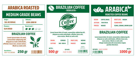 Naklejka premium An illustration of coffee labels template, simple flat style in cmyk mode with two tone color. The labels detail various coffee attributes such as origin, altitude, roast level, process, and net weigh