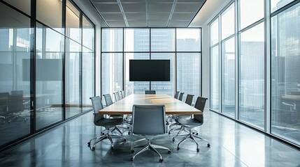 Modern Conference Room with City View and Large TV Screen