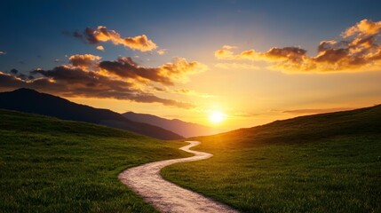 Serene landscape with winding path leading towards a vibrant sunset over rolling hills and dramatic clouds
