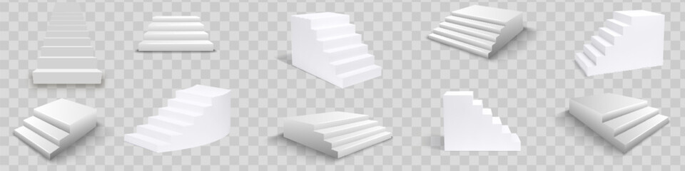 White stairs, 3d staircases. Set, Isolated on transparent background.