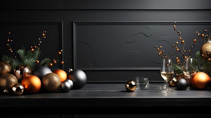 Naklejka premium A lavishly decorated black table in a room, featuring seasonal holiday decorations.