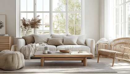 Scandinavian Living Room with Comfortable Sofa, Natural Wood Coffee Table, and Soft Textiles for a Bright and Open Design