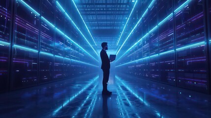 A silhouette of a man standing in a server room with rows of servers and blue lights.