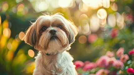 Portrait of a Shih Tzu with blurred garden path background, copy space, cinematic. 