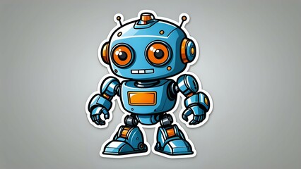 Cartoon robot illustration, sticker style, blue, orange, white.