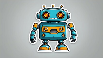 Cute cartoon robot sticker isolated on white background.