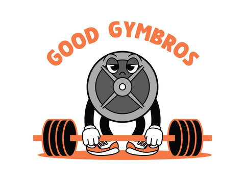 Gym Dumbbell retro mascot with hand and foot doing fitness. Retro cartoon stickers with funny comic characters and gloved hands. Kettlebell, dumbbell, fitness, gym, exercise Retro Mascot.