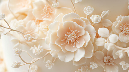 Decorative sugar flowers adorning a wedding cake look highly realistic. Delicate shades of cream and beige create a refined and elegant appearance