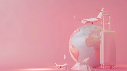 A white airplane lands on a globe next to a pink suitcase on a pink background.
