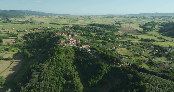 Panoramic Aerial View Lorenzana Town With Scenic Countryside Surroundings In Tuscany, Italy.