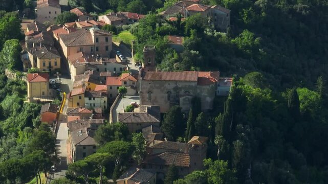 Rural Town With Medieval Architecture in Lorenzana, Province of Pisa, Tuscany Italy. Aerial Drone Shot