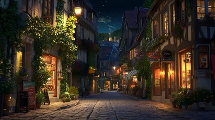 Fototapeta premium Charming nighttime scene in a quaint European village with cobblestone streets.