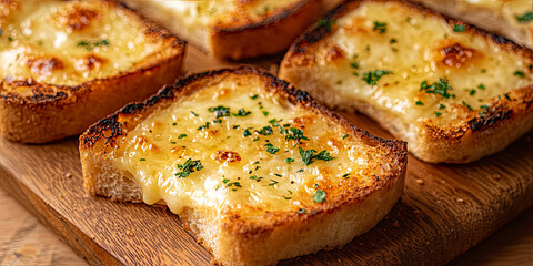 A close up of several pieces of baked garlic bread on an olive wood board, generative AI