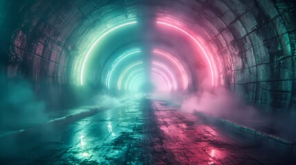Pulsating neon tunnel with green and pink hues, enveloped in dense fog and scattered glowing clouds 