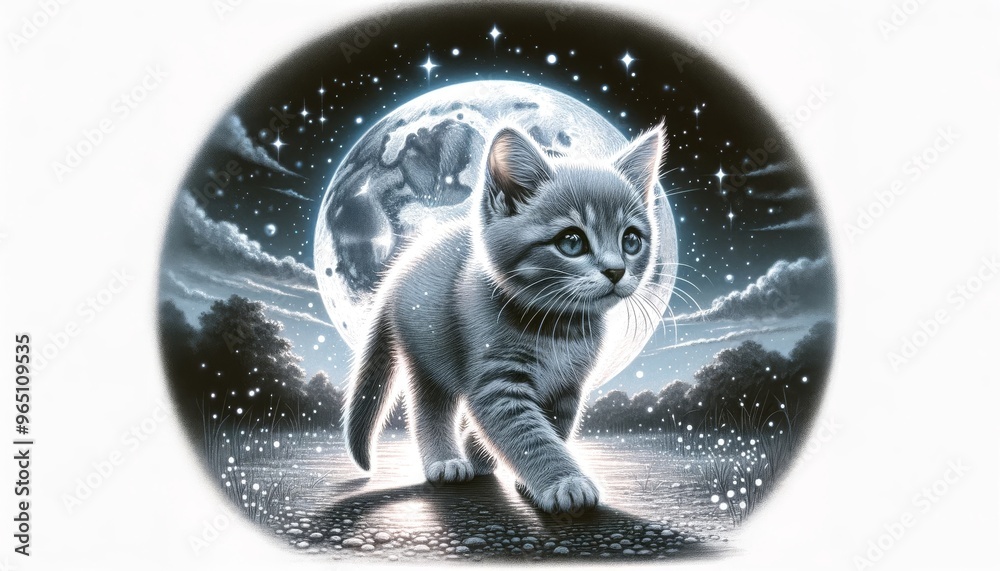 Wall mural a close-up image of a gray kitten walking under a full moon with a clear sky filled with stars.