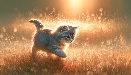 A close-up image of a gray kitten walking through a grassy field in the early morning.