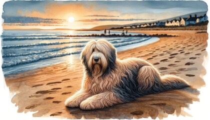 A shaggy dog with a long, wild fur, similar to an Old English Sheepdog, laying on a sandy beach, with a sunset casting warm hues over the scene and a .