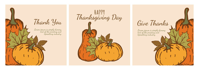 Modern Collection Thanksgiving Card with Pumpkins and Maple Leaves. Trendy posters in hand drawn style and modern fonts. Design Concept for advertising, website, social media, gift, print, marketing.