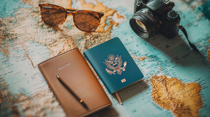 Travel Essentials Flat Lay with Passport, Sunglasses, and Map