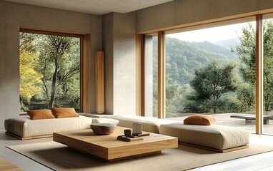 Fototapeta premium Modern Living Room with Natural Vibe, Minimalist Furniture, and Wooden Coffee Table for a Warm and Inviting Space