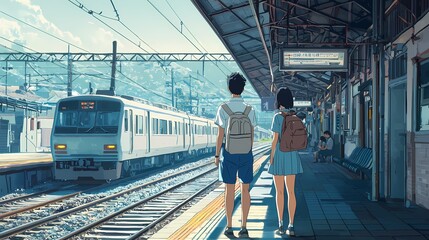 A young Asian couple waits at a train station, bathed in warm sunlight.