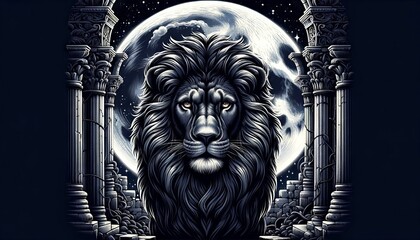 A majestic lion with a dark, almost black mane and intense amber eyes, under a full moon in a starlit sky, surrounded by ancient ruins.