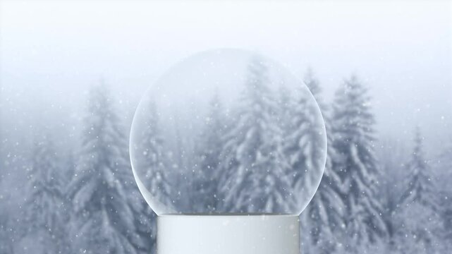 Foggy alpine snowy trees with christmas snow globe copy space loop background.