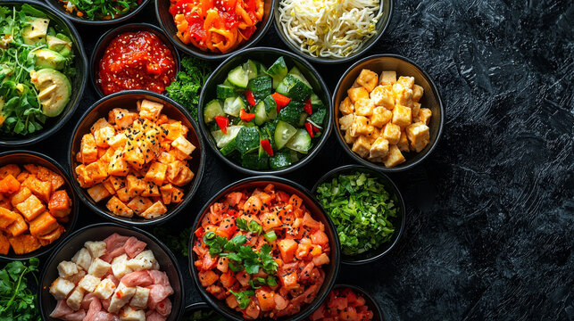 Assortment of fresh ingredients for a delicious poke bowl.